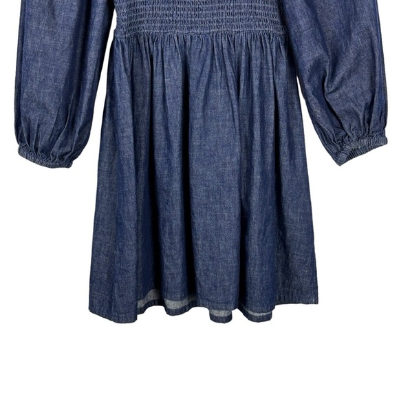 J. CREW BG118 COTTON CHAMBRAY DENIM BLUE SMOCKED PUFF SLEEVE MINI DRESS - Picture 7 of 15